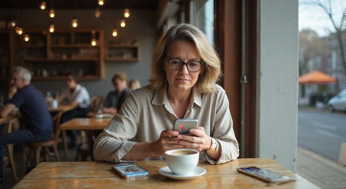 Vrouw in een café videochat met een man, geconcentreerd en bezorgd. Vrouw in een café videochat met een man, geconcentreerd en bezorgd.