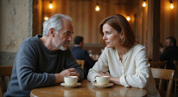 Een middelbare man en vrouw genieten van koffie in een café. Een middelbare man en vrouw genieten van koffie in een café.